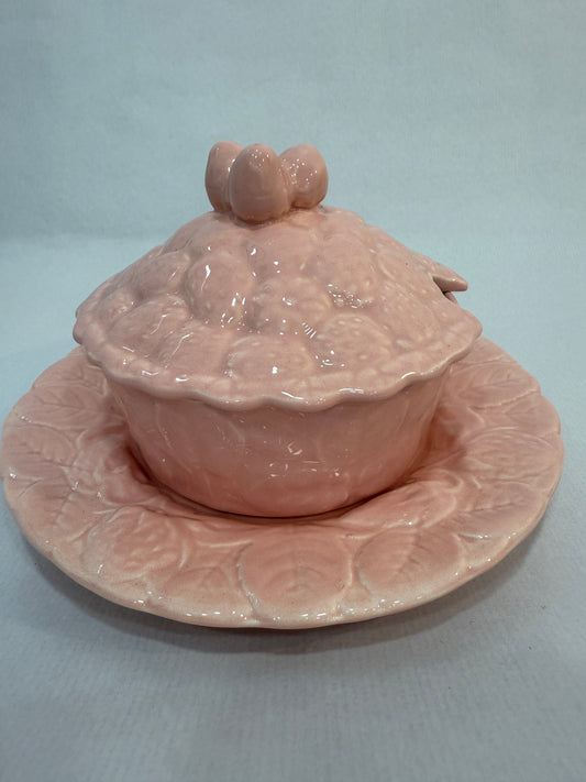 Azucarero vintage de cerámica rosa con plato Geneviève Lethu (3 piezas)