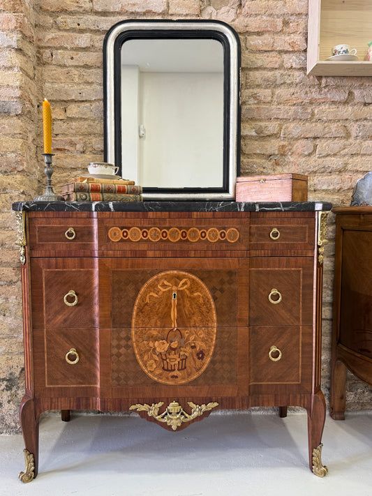 Espejo francés antiguo estilo Luis Felipe en negro y plata siglo XIX