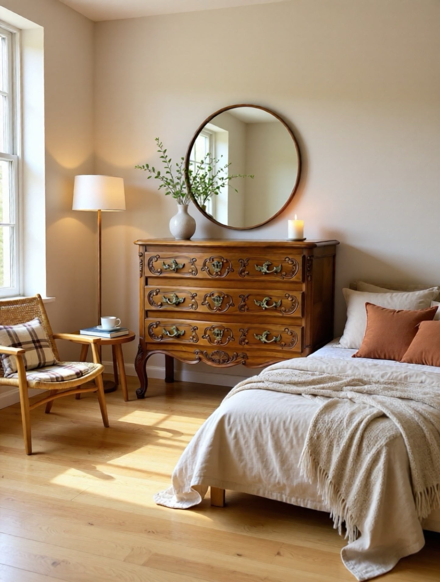 Cómoda francesa restaurada estilo Luis XV en nogal con marquetería