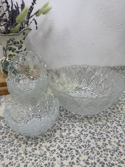 Conjunto de cristal prensado francés bowl grande + 6 cuencos