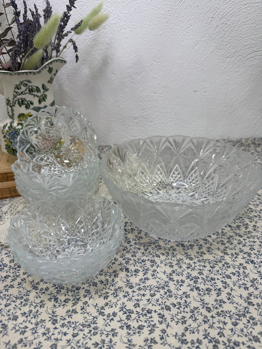 Conjunto de cristal prensado francés bowl grande + 6 cuencos