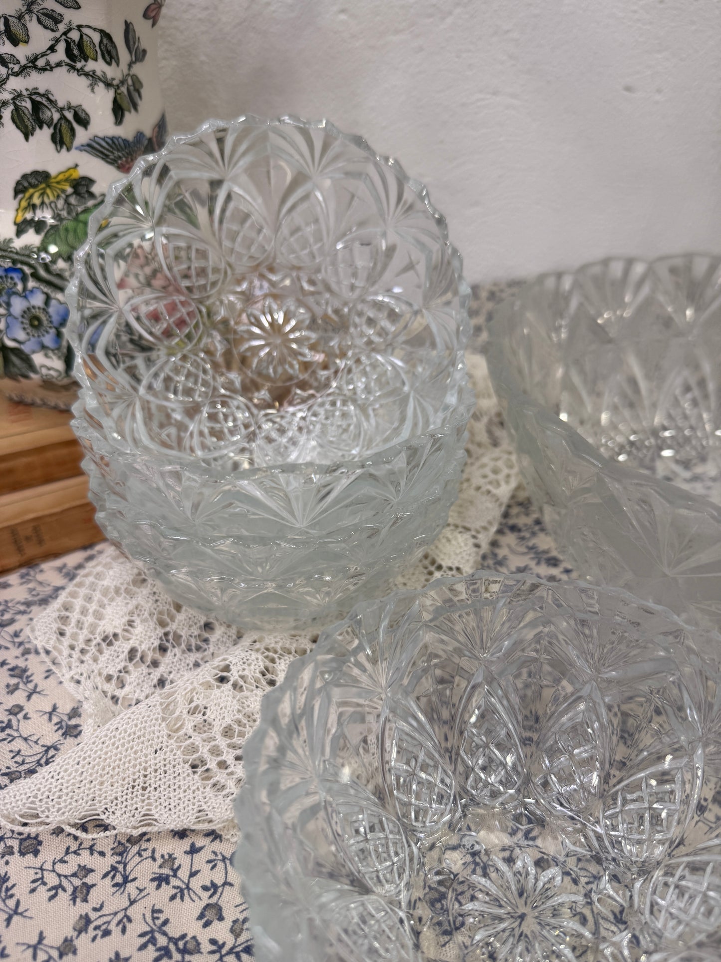 Conjunto de cristal prensado francés bowl grande + 6 cuencos