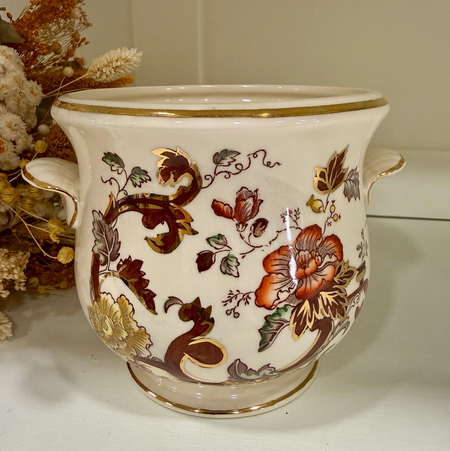 Macetero Antiguo Mason’s Brown Velvet Ironstone Inglés con Dorados