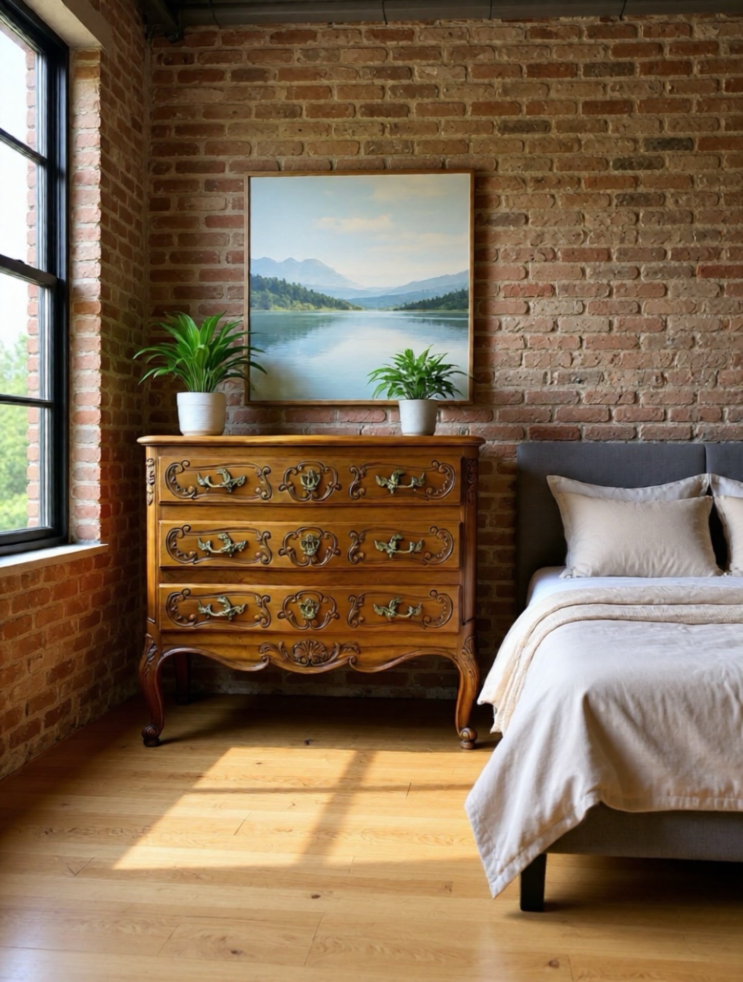 Cómoda francesa restaurada estilo Luis XV en nogal con marquetería