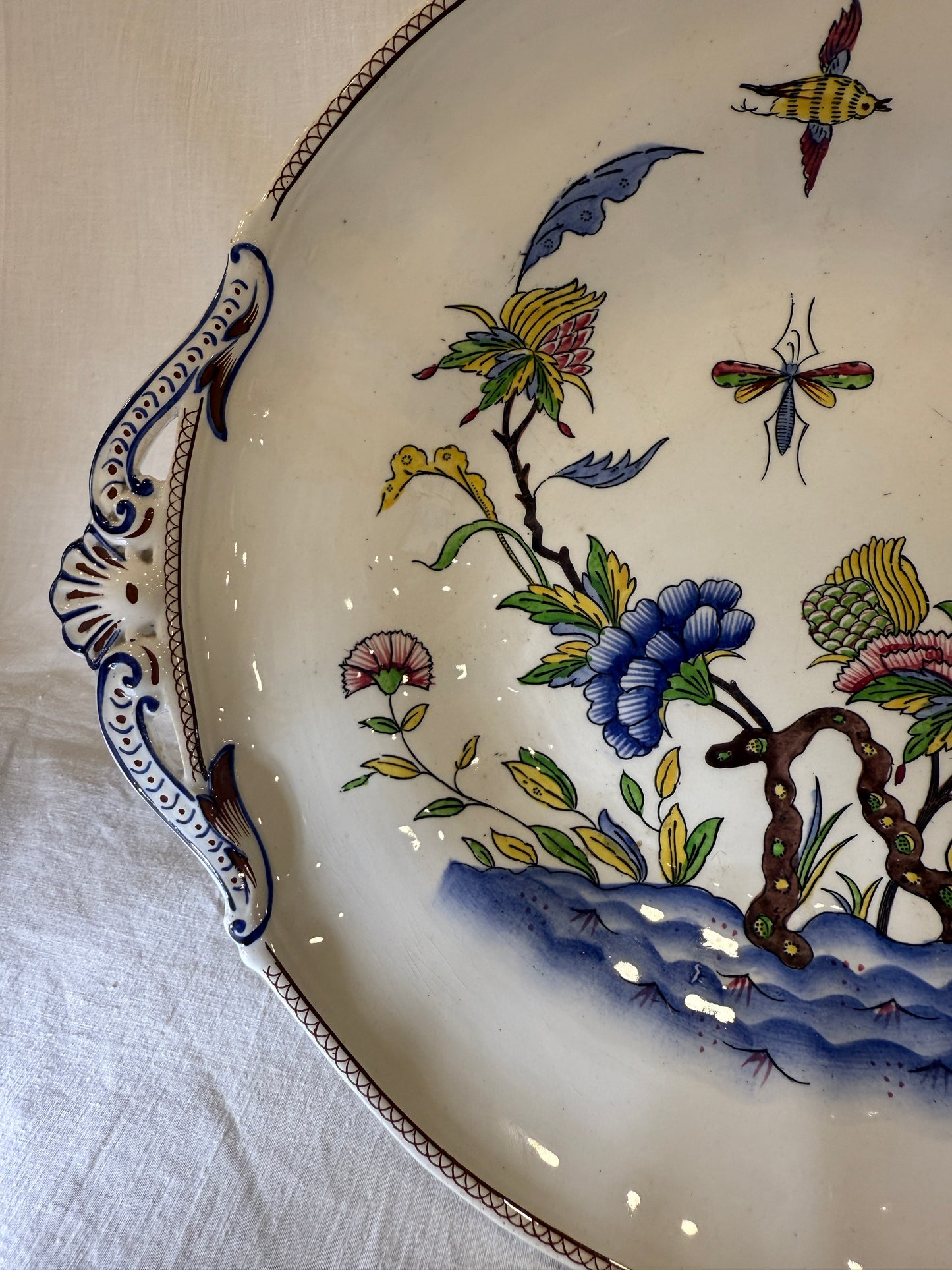 Compotier antiguo de loza francesa Sarreguemines, modelo Rouen