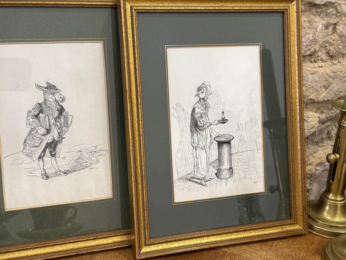 Pareja de dibujos antropomórficos al estilo Grandville – Firmados Avelina