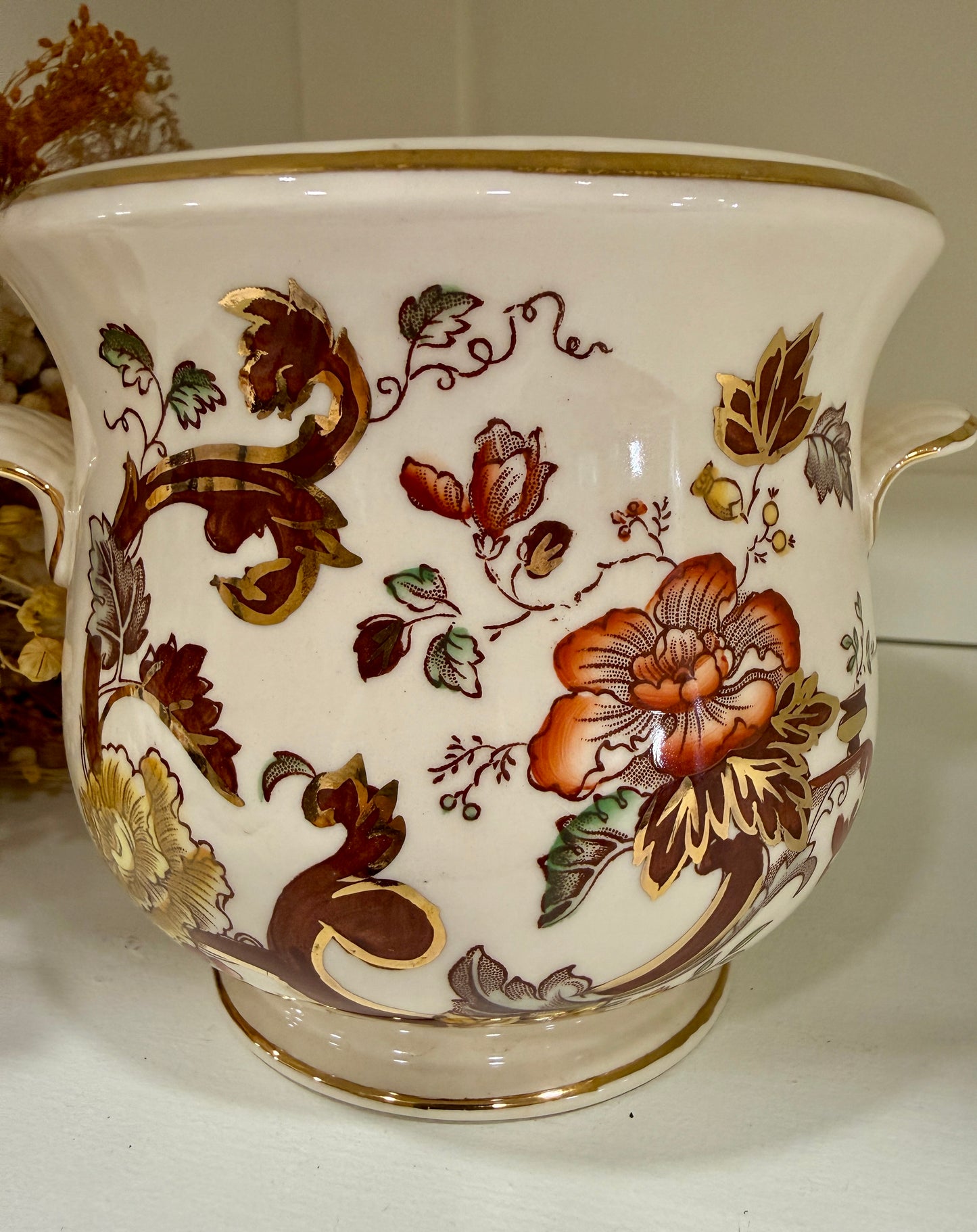 Macetero Antiguo Mason’s Brown Velvet Ironstone Inglés con Dorados