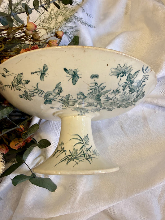 Compotier antiguo Longwy Mignon con pájaros y flores Francia, finales siglo XIX