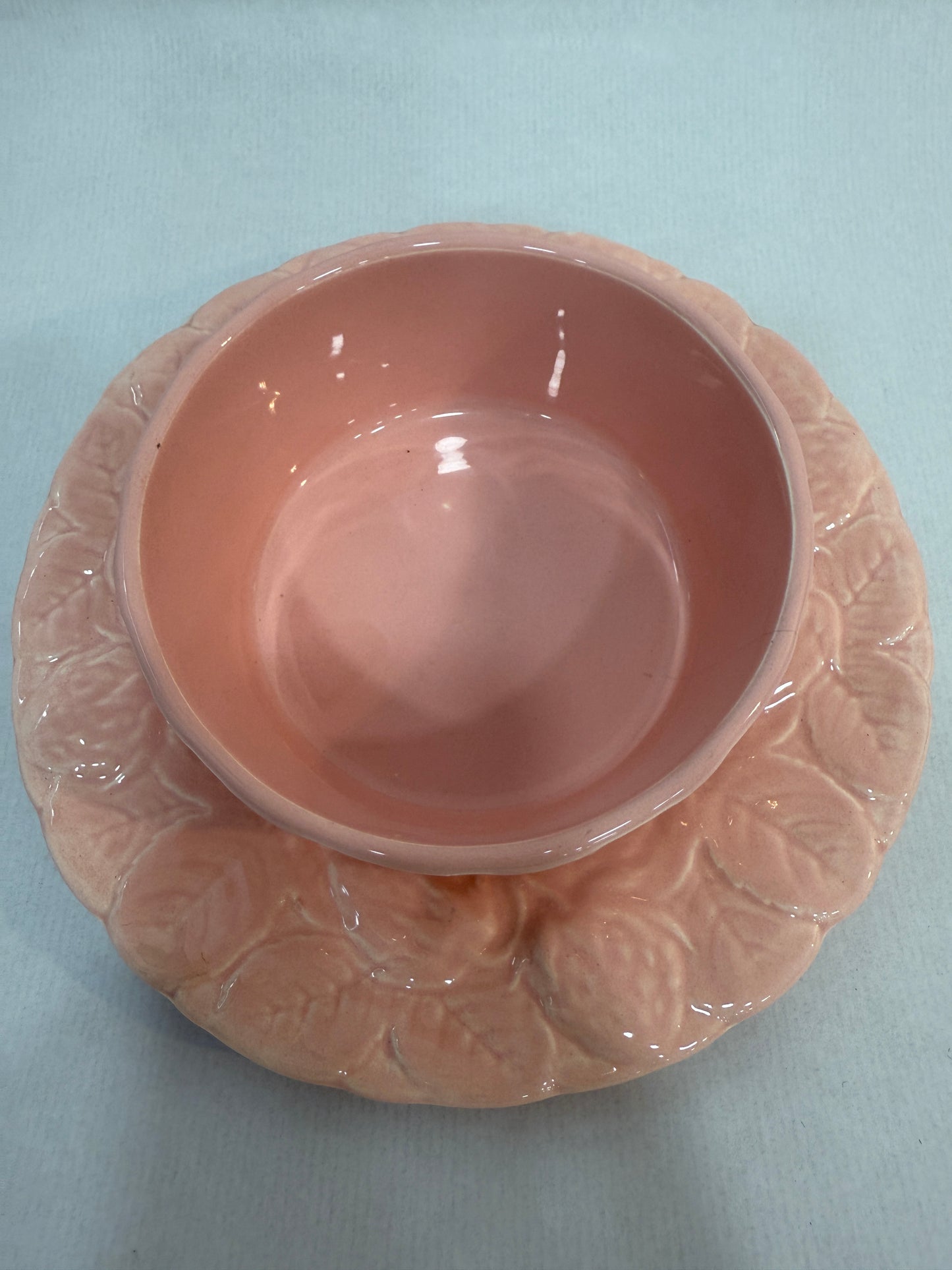 Azucarero vintage de cerámica rosa con plato Geneviève Lethu (3 piezas)