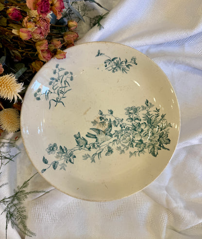 Compotier antiguo Longwy Mignon con pájaros y flores Francia, finales siglo XIX