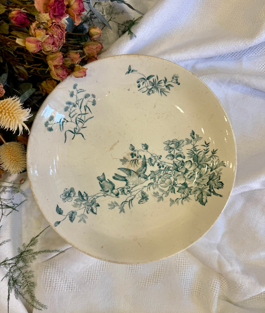 Compotier antiguo Longwy Mignon con pájaros y flores Francia, finales siglo XIX