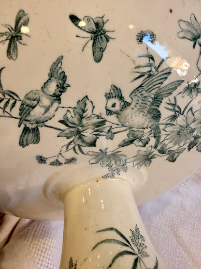 Compotier antiguo Longwy Mignon con pájaros y flores Francia, finales siglo XIX