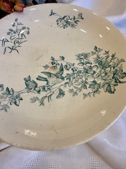 Compotier antiguo Longwy Mignon con pájaros y flores Francia, finales siglo XIX