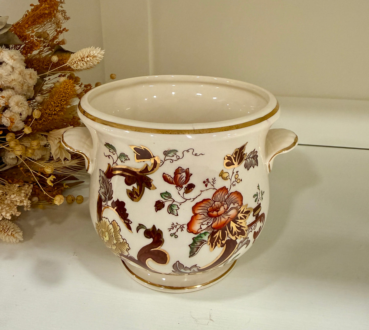 Macetero Antiguo Mason’s Brown Velvet Ironstone Inglés con Dorados