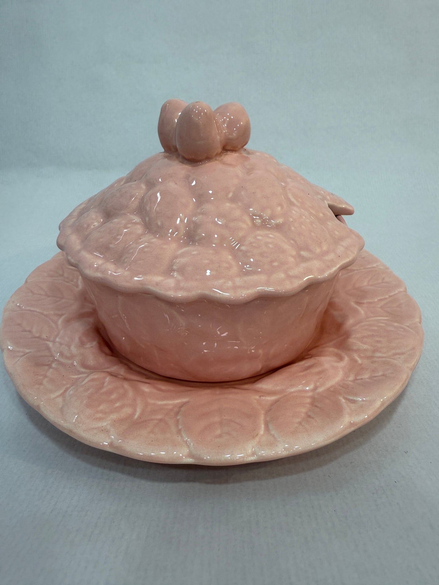 Azucarero vintage de cerámica rosa con plato Geneviève Lethu (3 piezas)