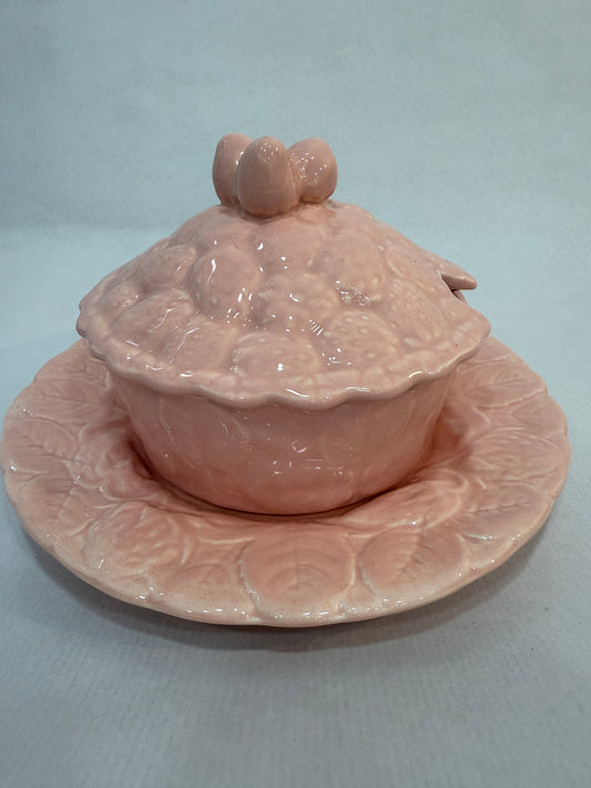 Azucarero vintage de cerámica rosa con plato Geneviève Lethu (3 piezas)